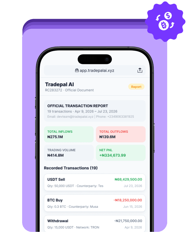 Tradepal AI transaction recording dashboard
